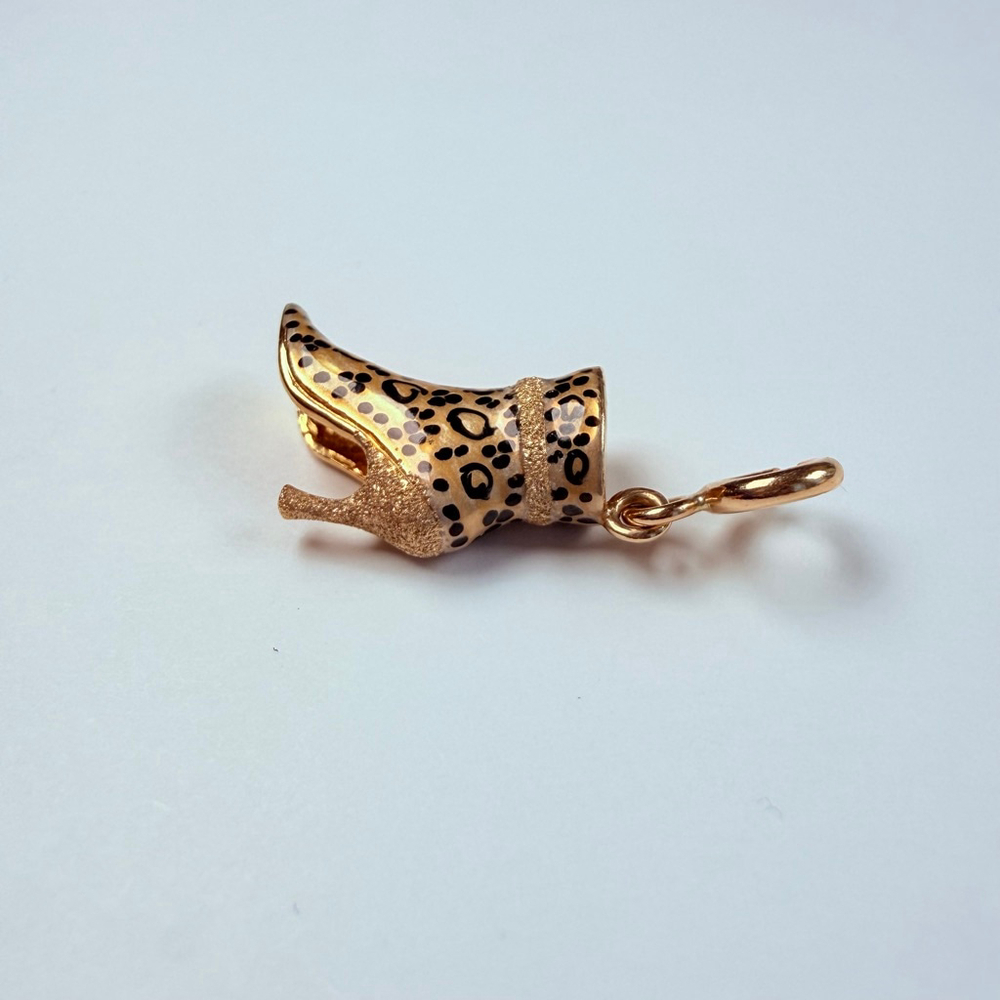 14K Solid Yellow Gold Stuller Enamel Leopard High Heel Shoe VTG Charm Pendant - Picture 5 of 9